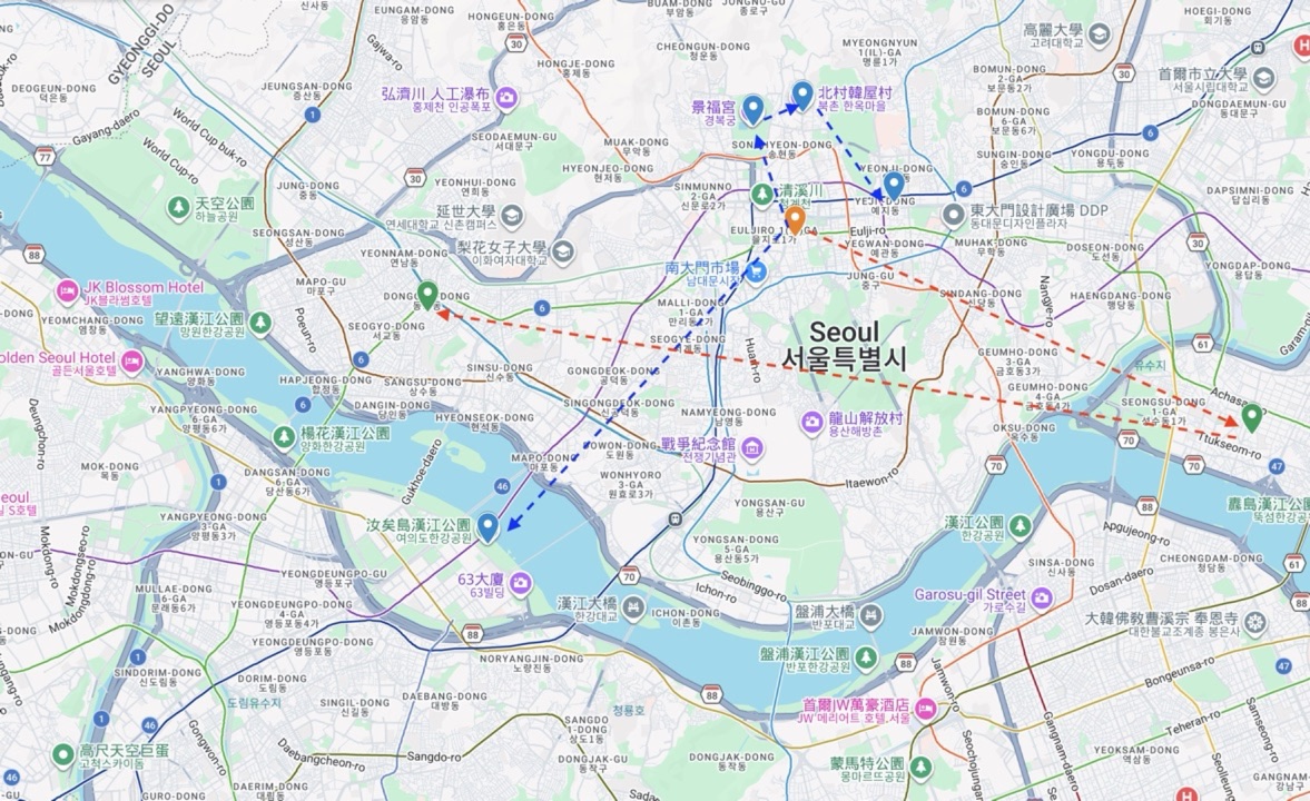 Map of the route through Seoul